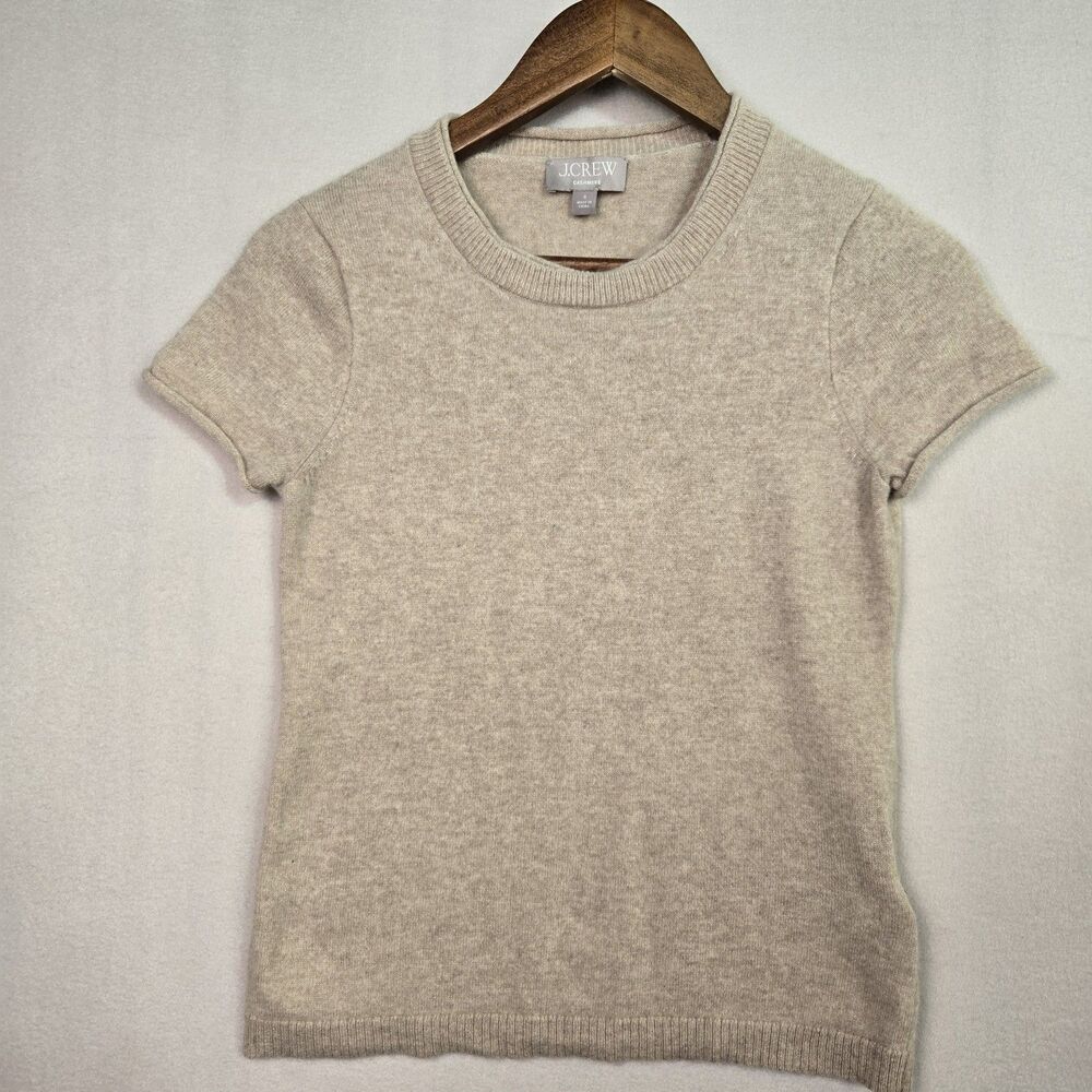 J. Crew 100% Cashmere Short Sleeve Sweater Top Shirt Womens Small Beige Tan